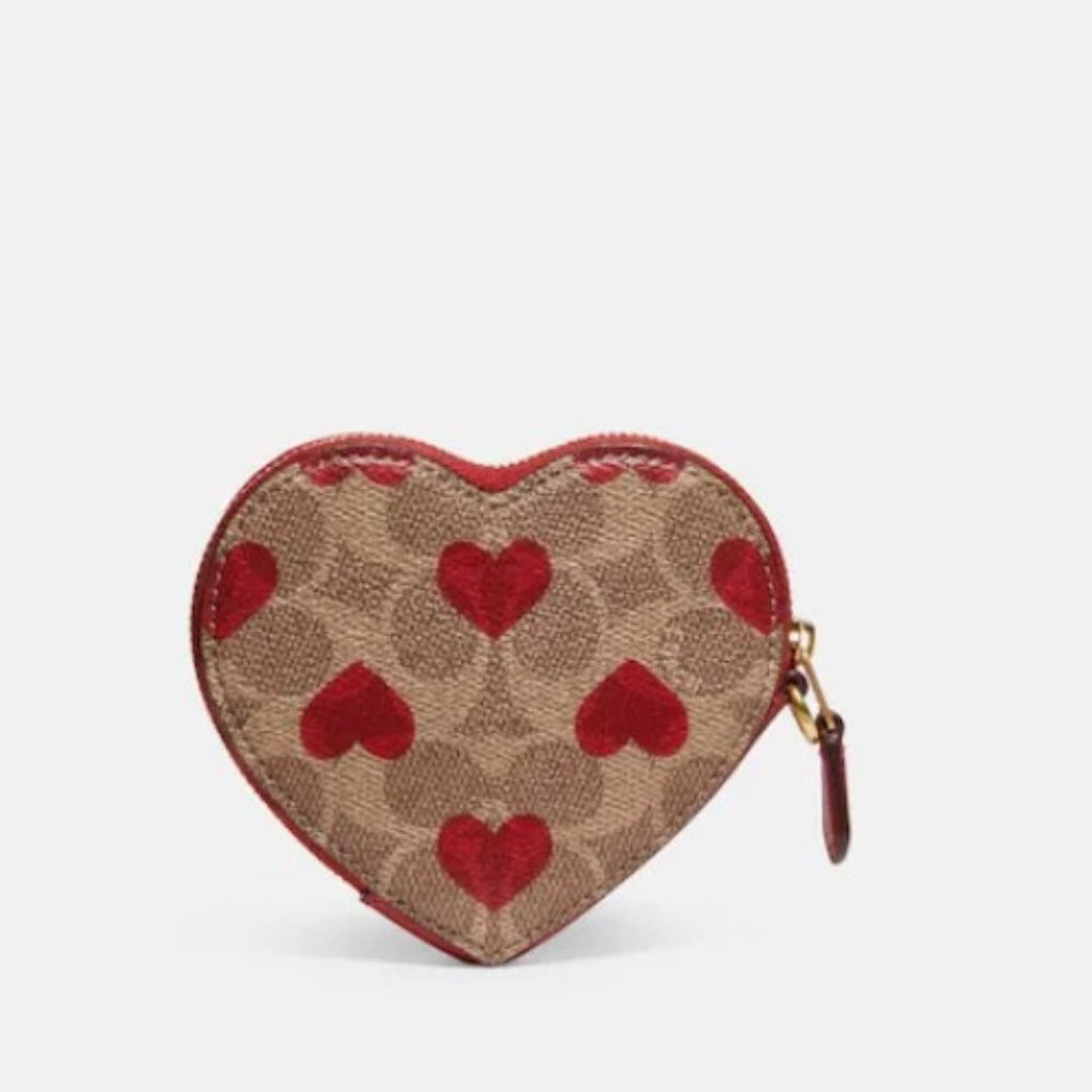 Coach Heart Coin Case In Signature Canvas With Red Print Love Purse Wristlet Bag - Picture 2 of 10